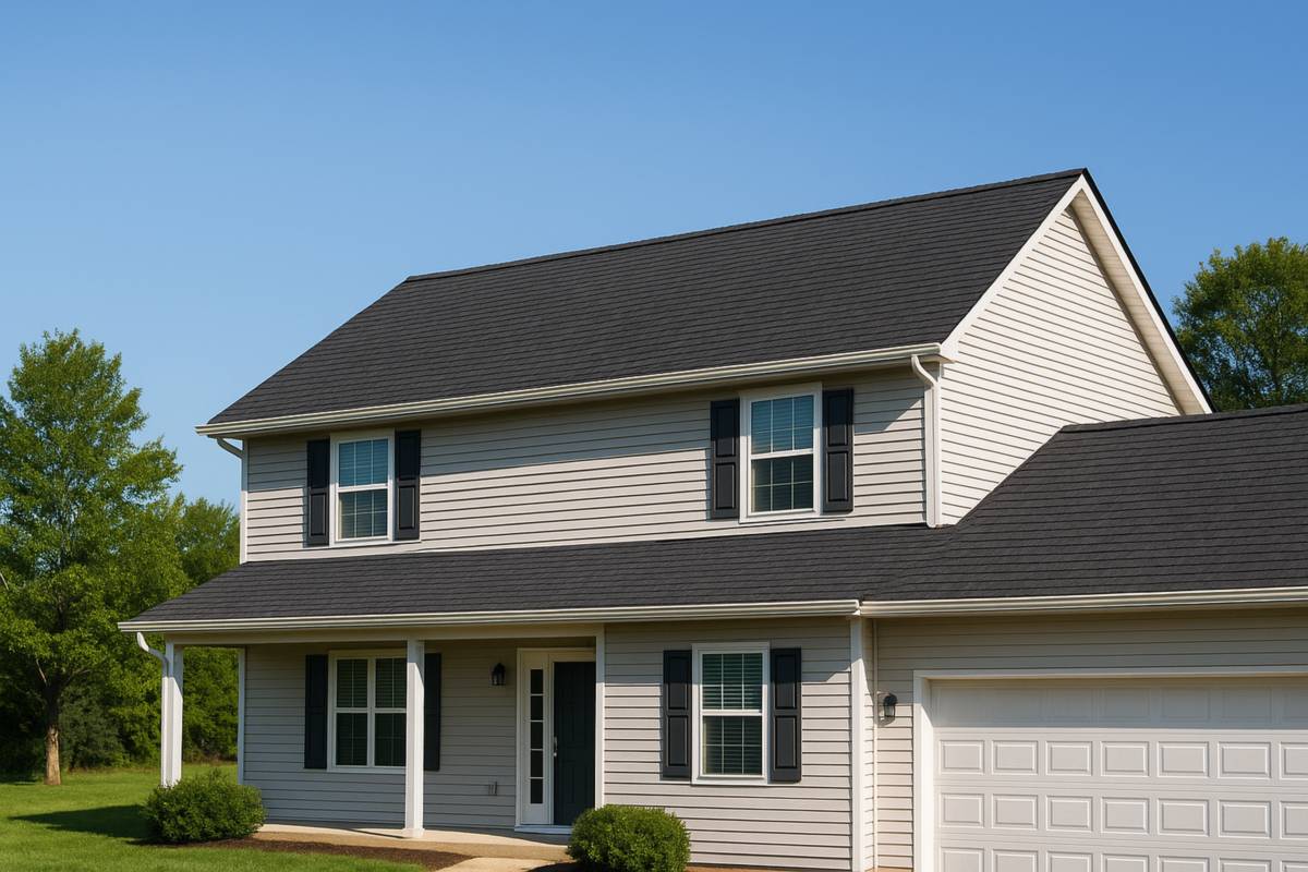 Newly shingled gable roof on a suburban house under a clear blue sky